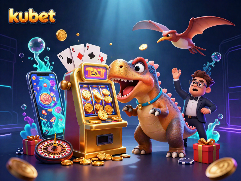 Kubet slot machine jackpot with a cartoon dinosaur and flying coins in a vibrant casino scene.