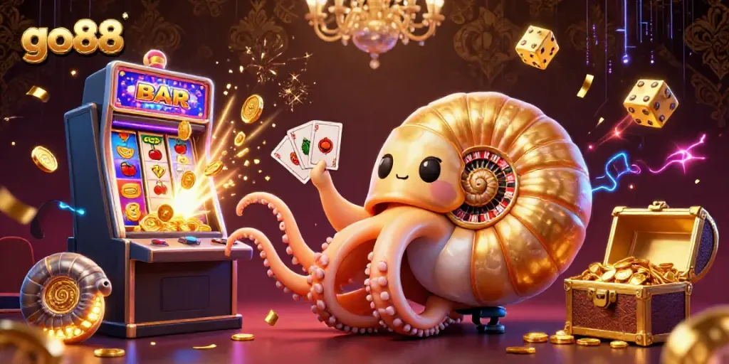 Experience excitement at go88 casino with a vibrant scene of gaming action featuring a giant nautilus roulette wheel.