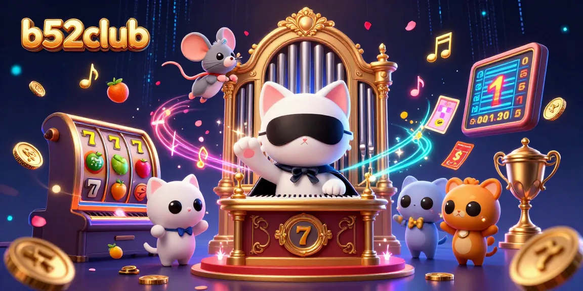 Experience excitement at b52club with a dynamic casino scene featuring slot machines and playful characters.
