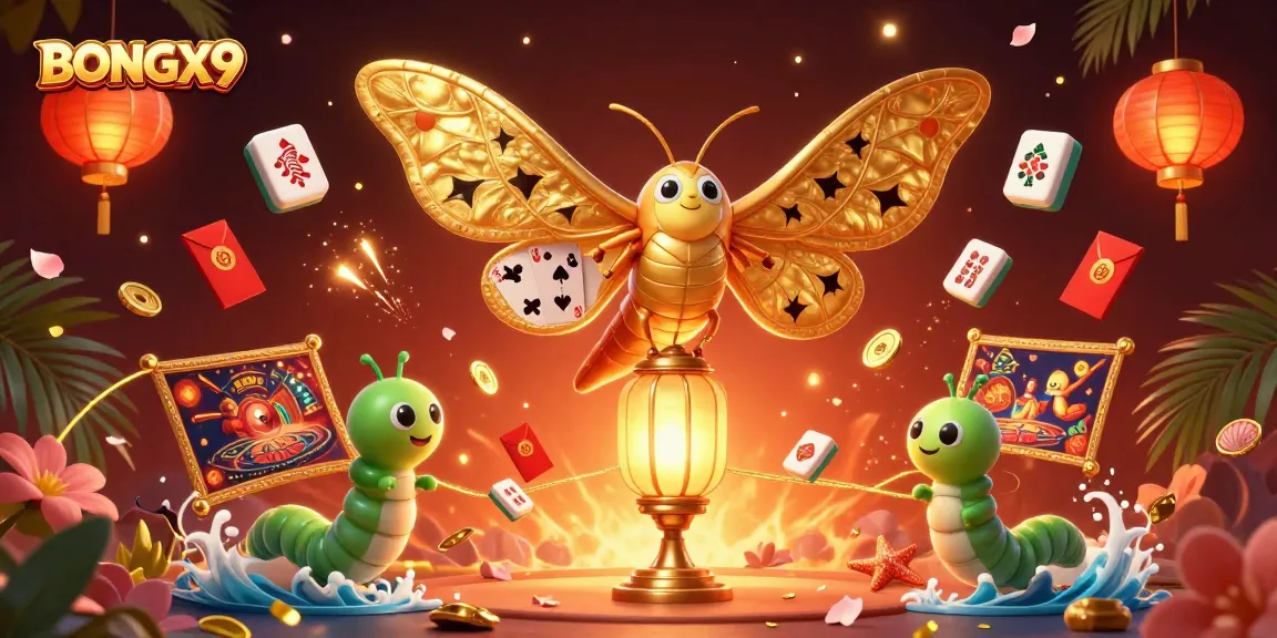 BONGX9 showcases a vibrant 3D casino scene with an animated moth and silk worm characters amidst casino treasures.