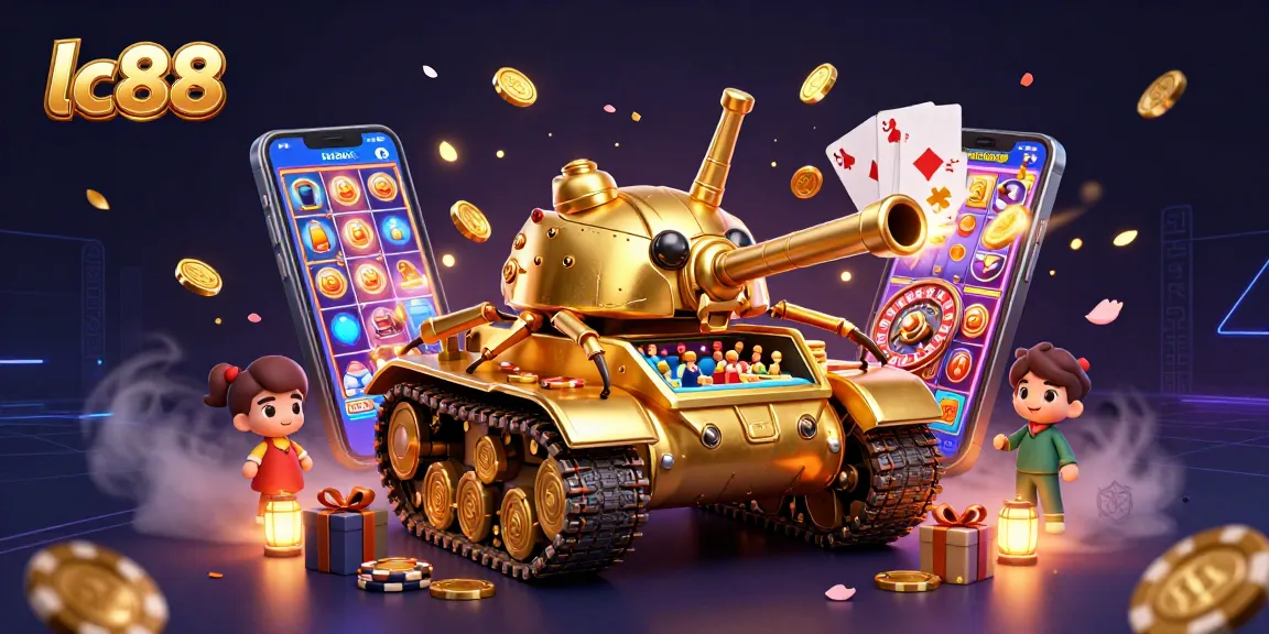 Experience exciting gaming adventures with lc88 as golden coins and games burst from a mini casino tank.