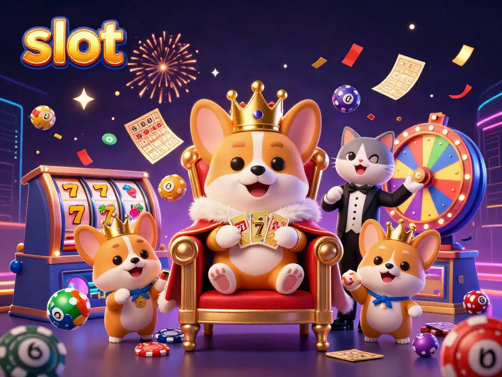 Experience dynamic slot action with vibrant symbols and a royal corgi on a throne.