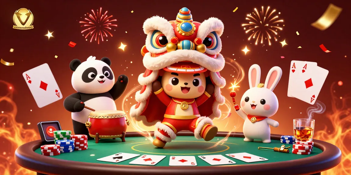 Engage in thrilling poker action at successrealestate with vibrant lion dance, colorful chips, and festive atmosphere.