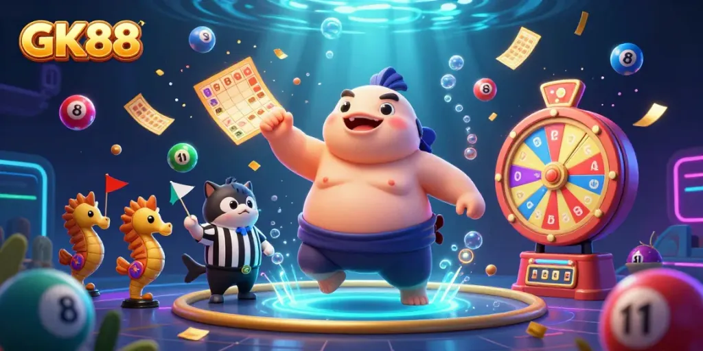 Experience the GK88 thrill with cartoon fugu surrounded by lottery fun in this vibrant casino scene