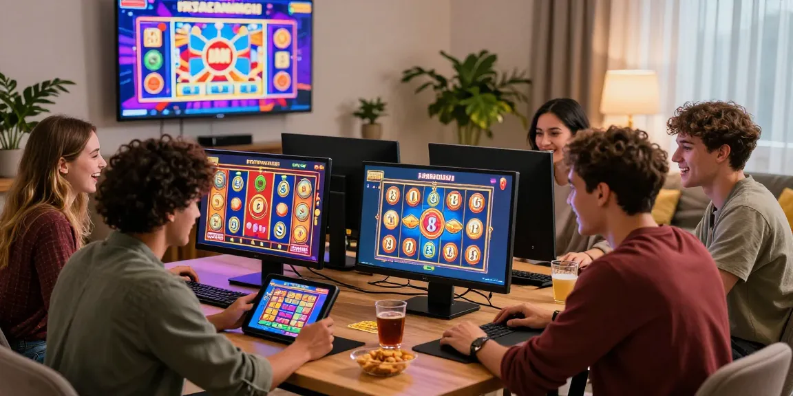Friends enjoying an engaging online slot game experience at home, celebrating with snacks and drinks.