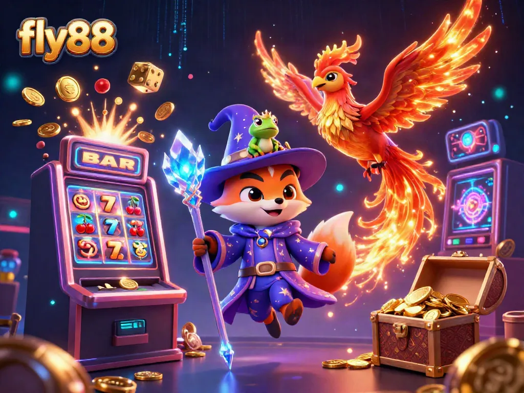 Experience the lively world of fly88 with a mystical wizard fox and phoenix amid a jackpot explosion in a dazzling casino scene.