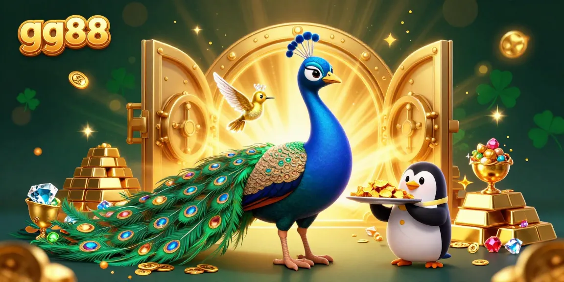Engage with gg88's exciting casino games amidst a lavish 3D treasure scene bursting with gems and gold.