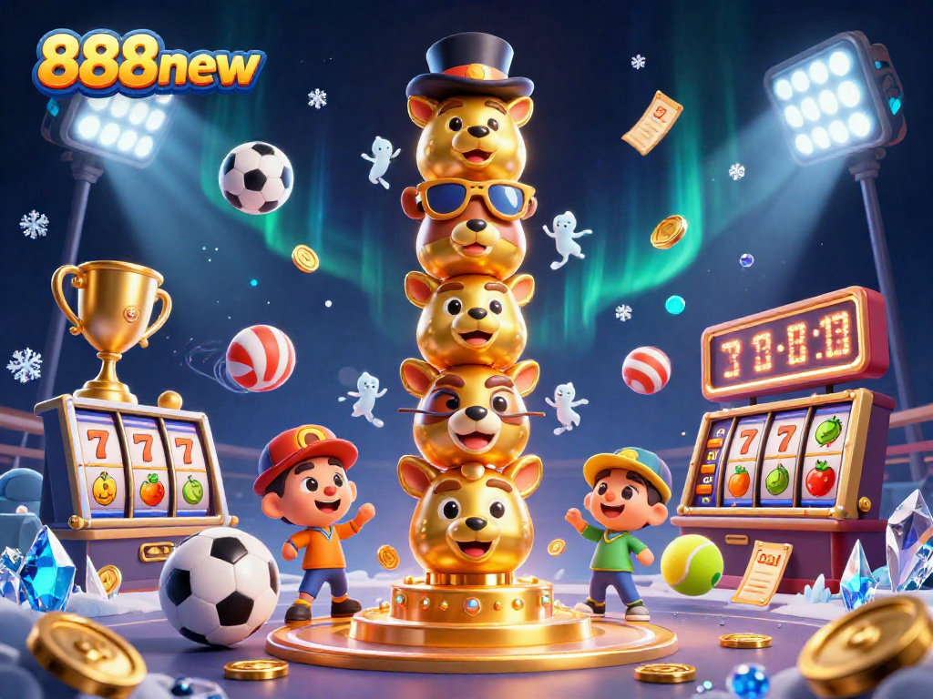 Bet on 888new with exciting slot reels and sports elements in a vibrant casino scene.