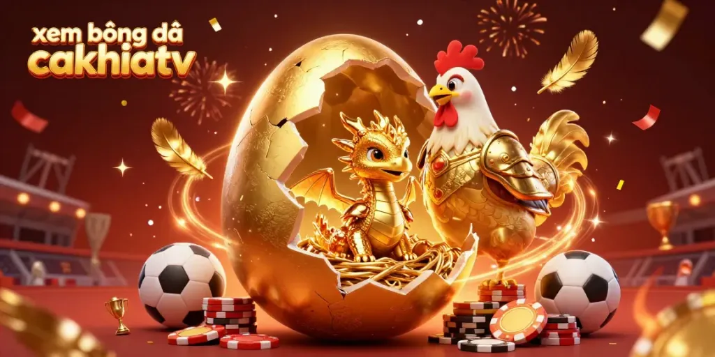 Experience xem bóng đá cakhiatv with our dazzling 3D illustration showcasing a golden dragon amidst exciting gaming elements.