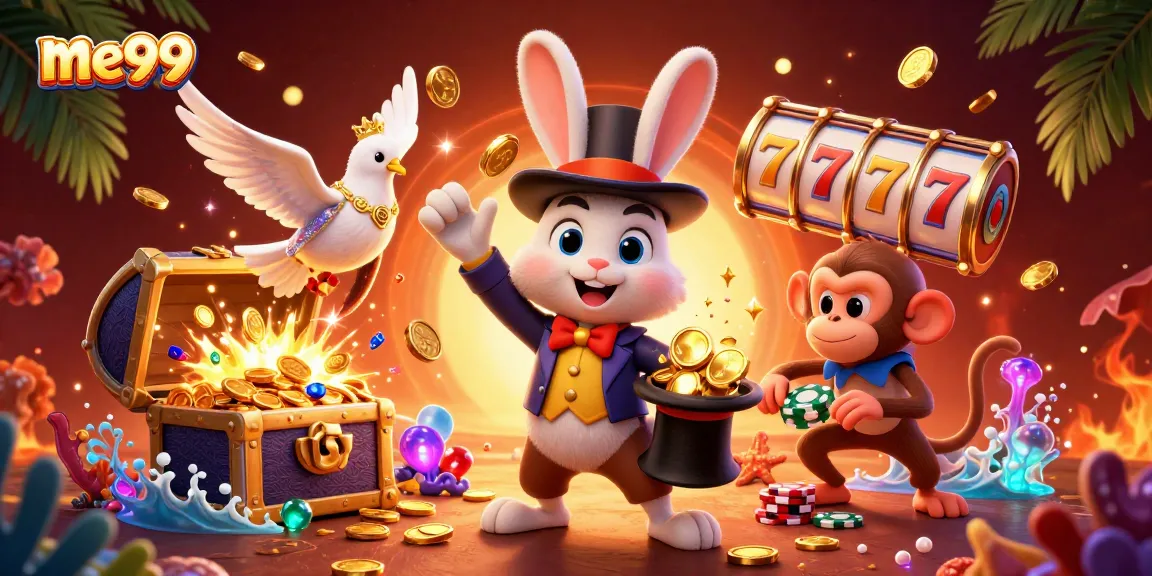 Experience the magic of me99 as a magician rabbit pulls coins in a vibrant casino scene.