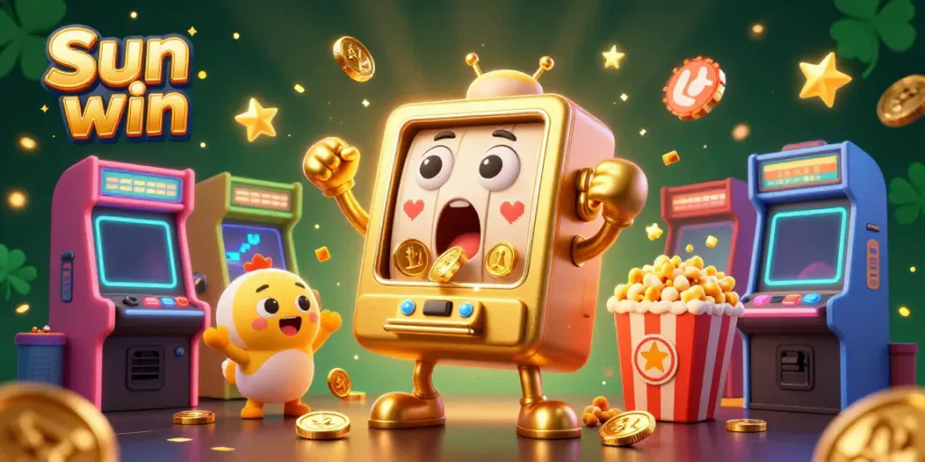 Enter the exciting world of Sun win with a dynamic scene of cartoon slot machines hitting jackpots amidst colorful gaming elements.