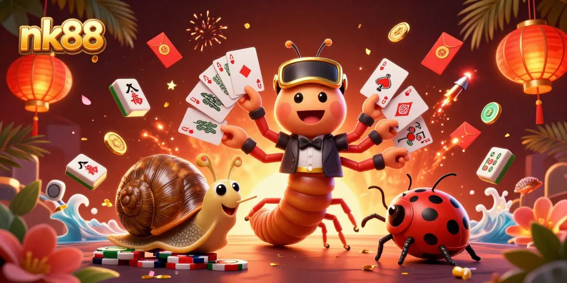 Experience nk88 with a vibrant 3D cartoon casino scene featuring lively characters and festive game elements.
