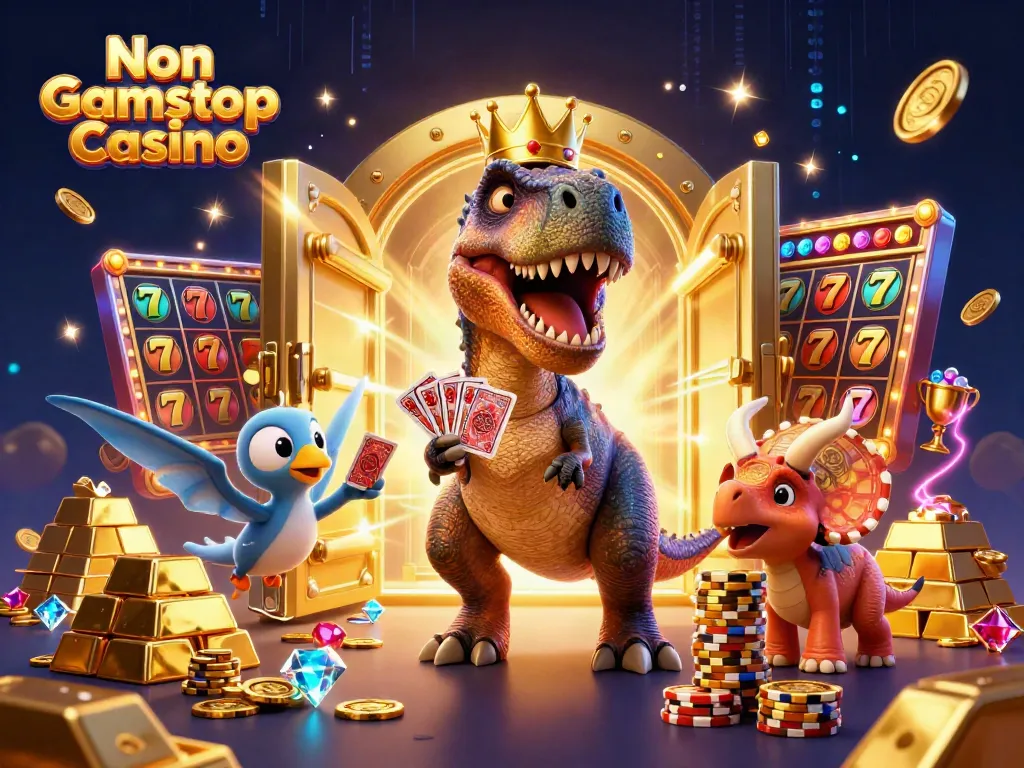 Engage with the vibrant world of Non Gamstop Casino as colorful cartoon dinosaurs gamble among golden treasures.