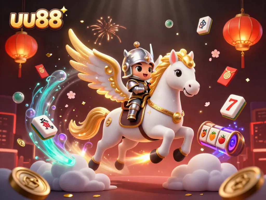 Experience the excitement of uu88 with a dynamic 3D scene featuring a celestial horse and casino elements.