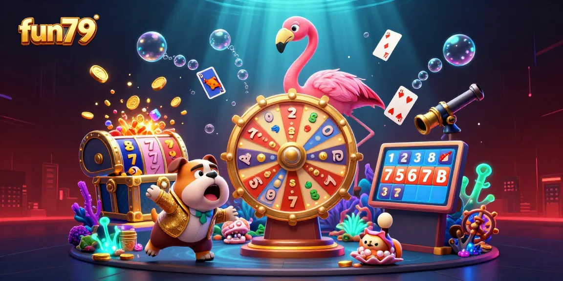 Join the thrilling fun79 casino adventure with a dynamic game show scene featuring a flamingo host, bulldog contestant, and winning prizes.