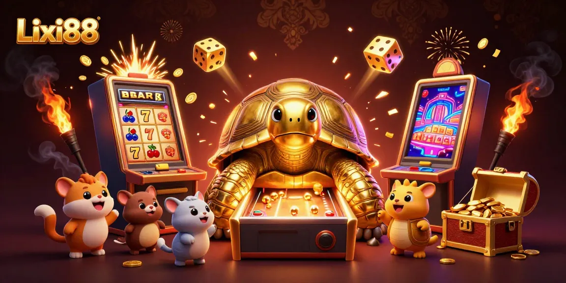 Experience Lixi88 with a vibrant scene of a colossal golden tortoise in a pinball machine, surrounded by a jackpot spectacle and excited players.