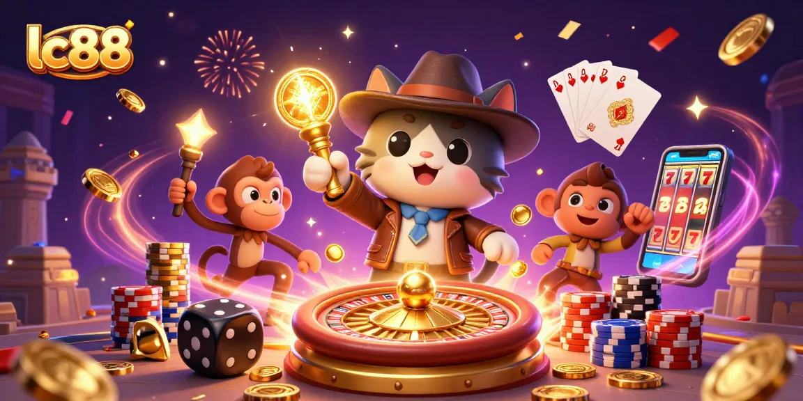Experience excitement with lc88 as a cartoon explorer uncovers casino treasures in a dynamic scene.