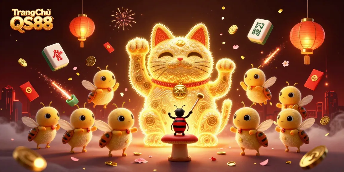 Engage with vibrant gambling visuals showcasing Trang Chủ QS88, a dynamic scene of a lucky cat and casino symbols.