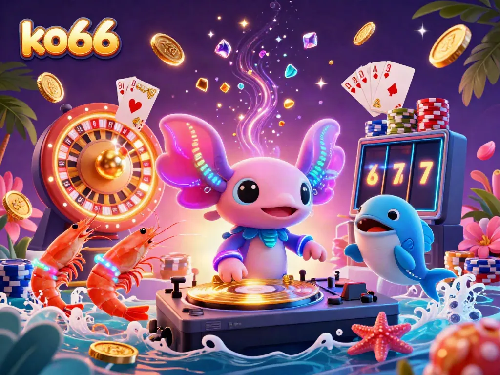 Experience thrilling gameplay with ko66, featuring a vibrant 3D scene of an axolotl DJ, surrounded by casino game elements and vibrant characters.