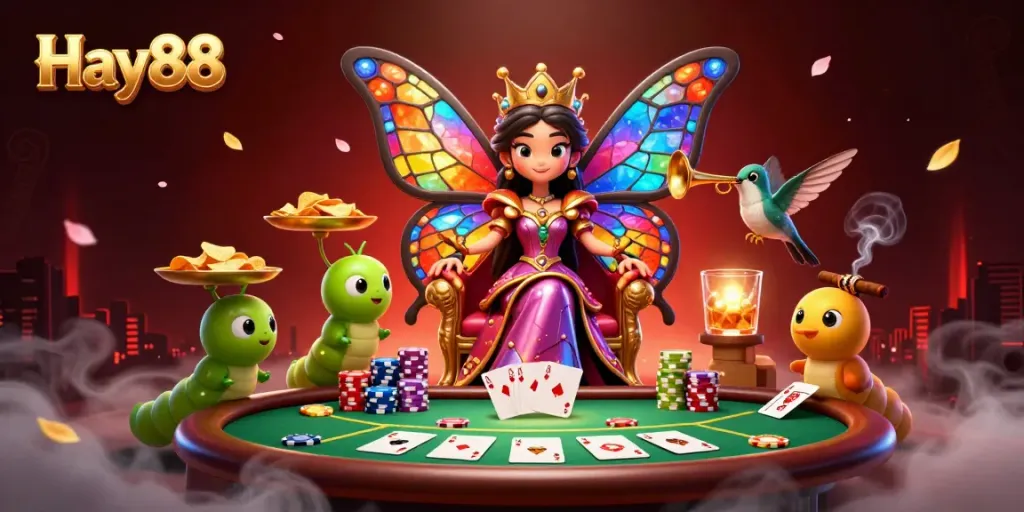 Experience the vibrant casino world of Hay88 with a dynamic 3D illustration of a butterfly queen and poker elements.
