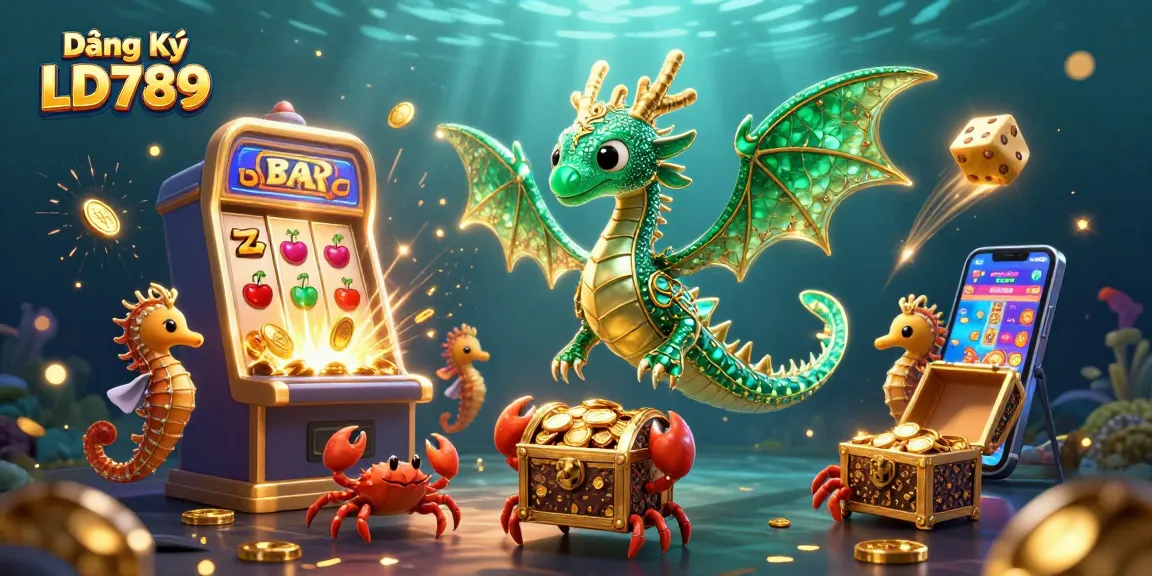Join the excitement with Đăng Ký LD789, featuring a vibrant underwater casino scene with treasures and winning symbols.