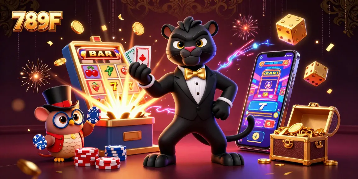 Experience exciting wins at 789F with a stylish panther dealer, vibrant slots, and captivating casino elements.