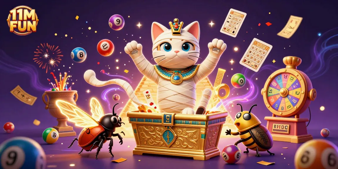 Experience 11M FUN with a lively 3D illustration of a casino pyramid bursting with color and action.