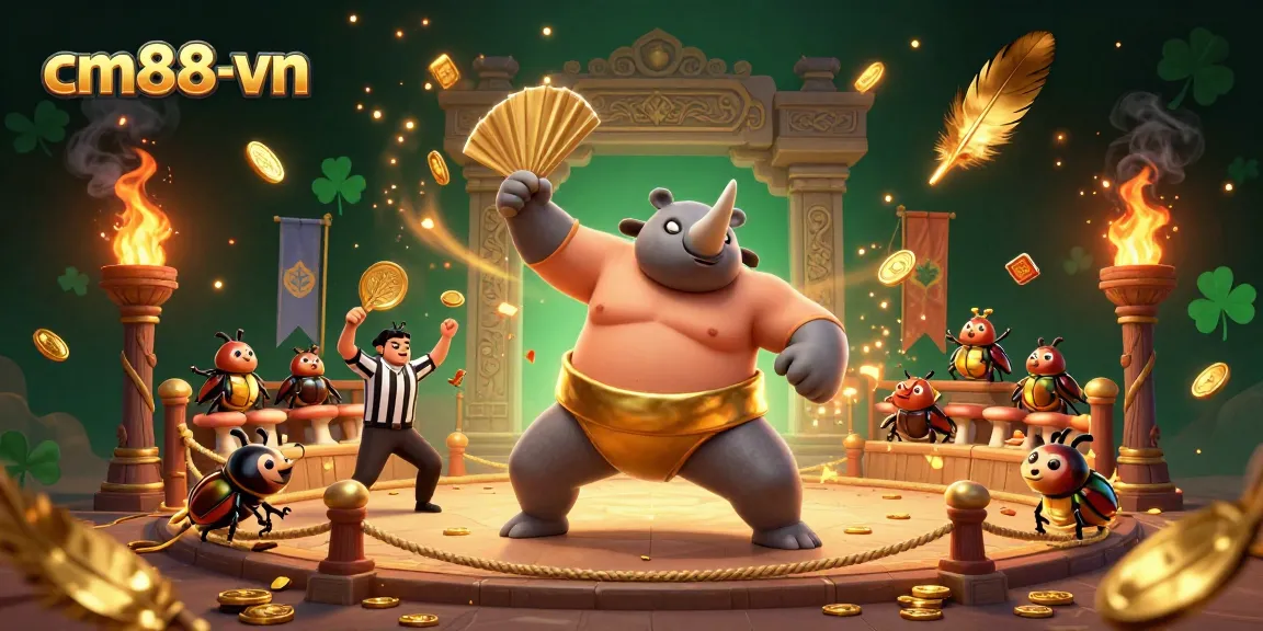 Experience the excitement of cm88-vn with an animated rhinoceros beetle sumo champion surrounded by gold coins and vibrant game elements.