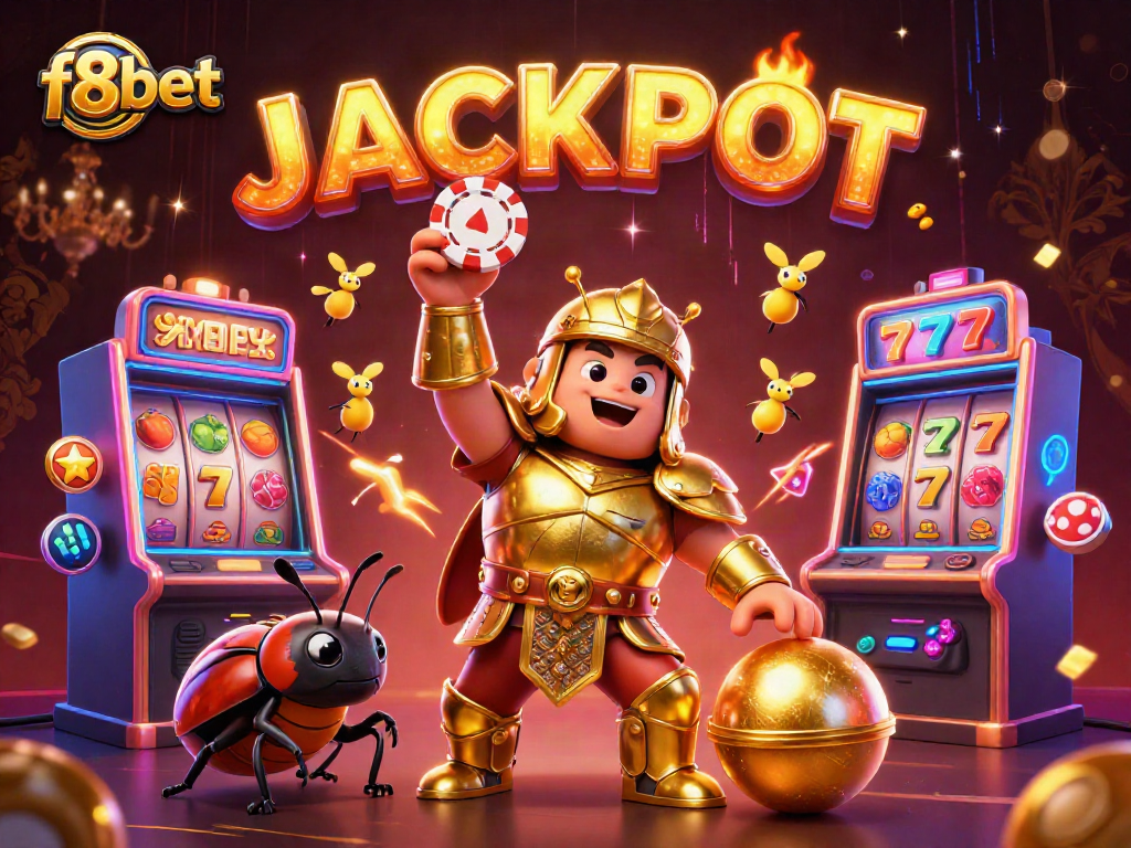 f8bet offers thrilling slots with unique characters winning big in a vibrant casino setting