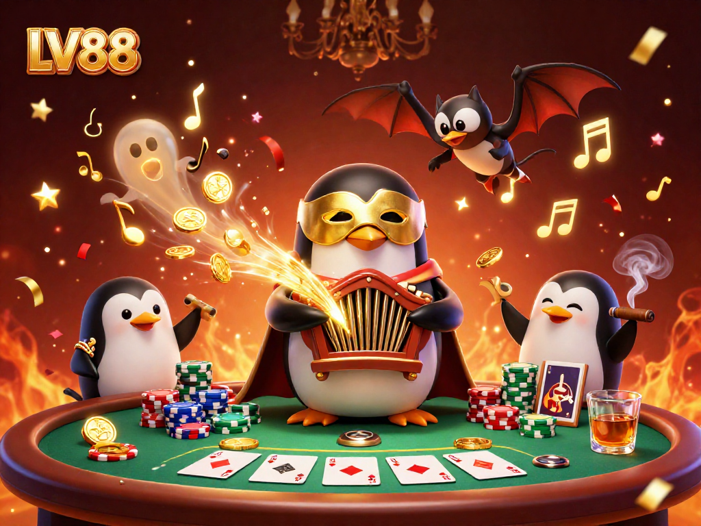 Experience LV88's captivating gaming world with a phantom penguin and dazzling casino elements.
