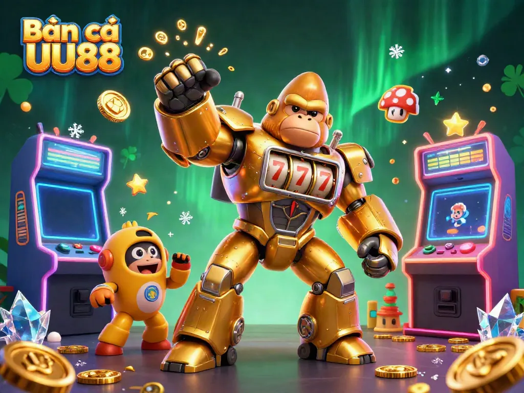 Bắn cá UU88 game exploration features vivid characters, action, and rewards in a dynamic casino-themed scene.
