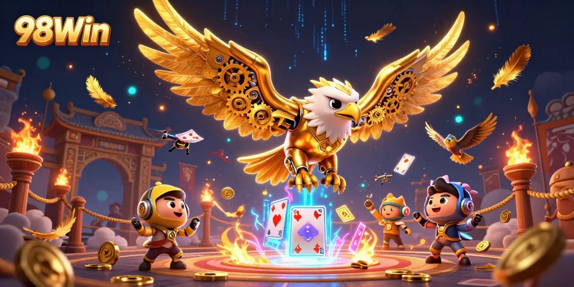 Immerse in the thrilling action at 98Win with an epic cybernetic eagle amidst holographic casino excitement.