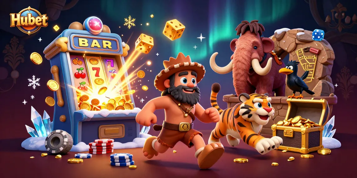 Hubet casino illustration featuring a lively caveman and sabertooth duo, showcasing vibrant gaming action and excitement.