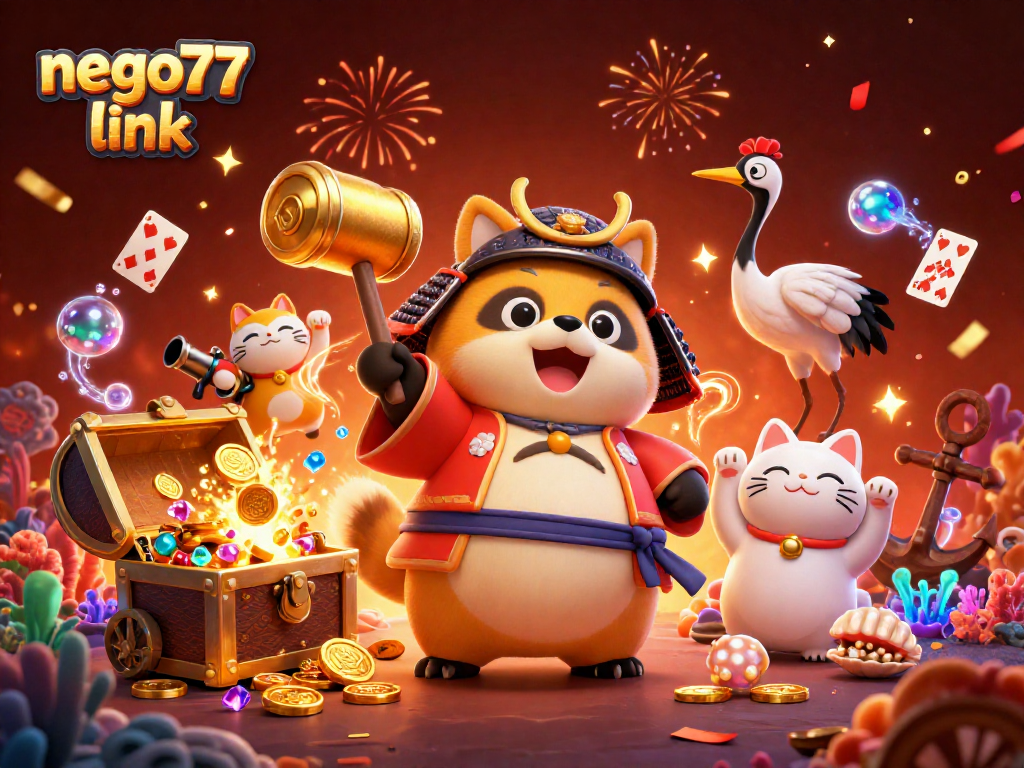 Engage with the nego77 link featuring cheerful characters and vibrant casino elements in this festive illustration.