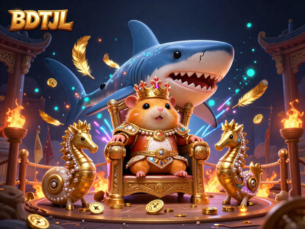 Engage in thrilling gameplay at BDTJL casino with a dynamic illustration showcasing a hamster king and royal guards.
