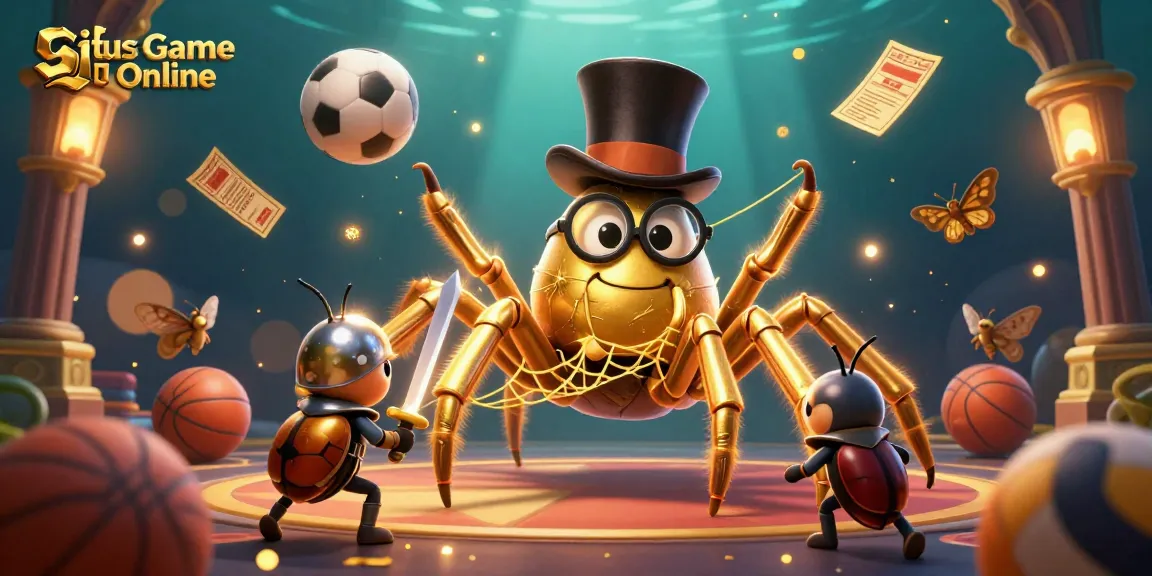 Experience Situs Game Online with a golden tarantula and beetle knight amidst dynamic sports elements in a rich casino setting.