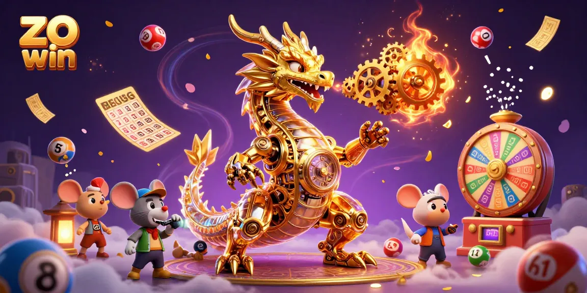 Experience thrilling wins with zo win as a mythical dragon breathes gears and gold amidst gaming elements.