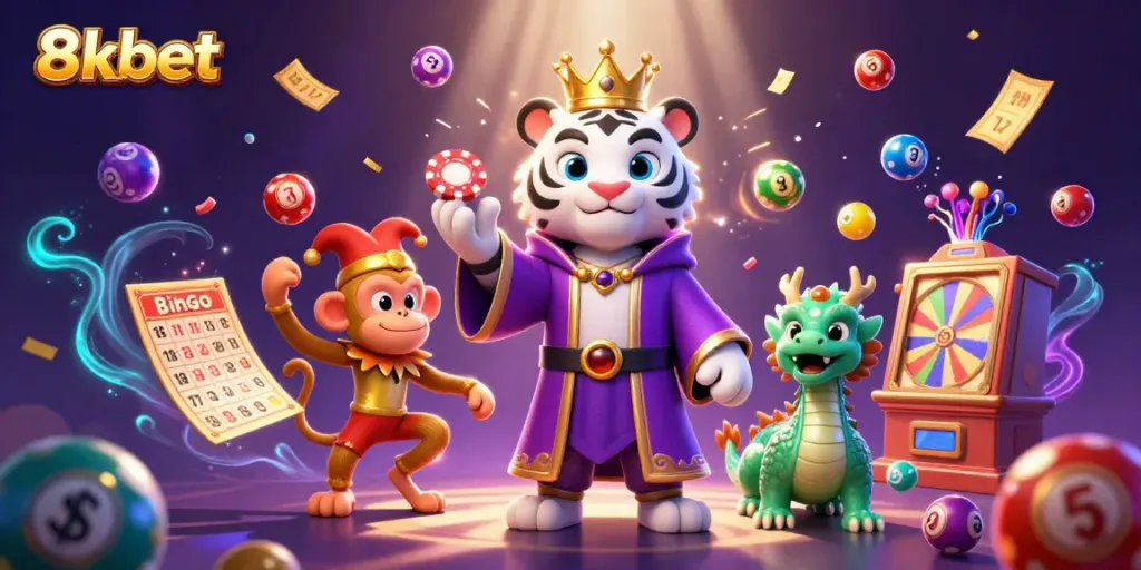 Engage in thrilling gaming adventures with 8xbet, featuring a lively scene of cartoon characters and dynamic casino elements.