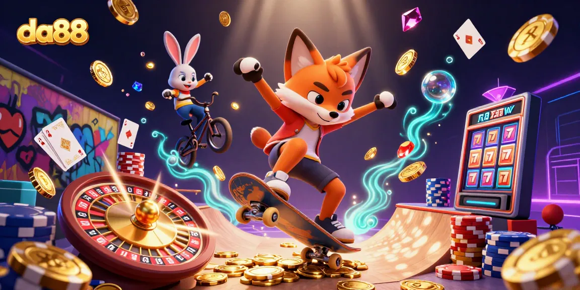 Experience da88 action with a skateboarder fox and BMX rabbit in a vibrant casino scene.