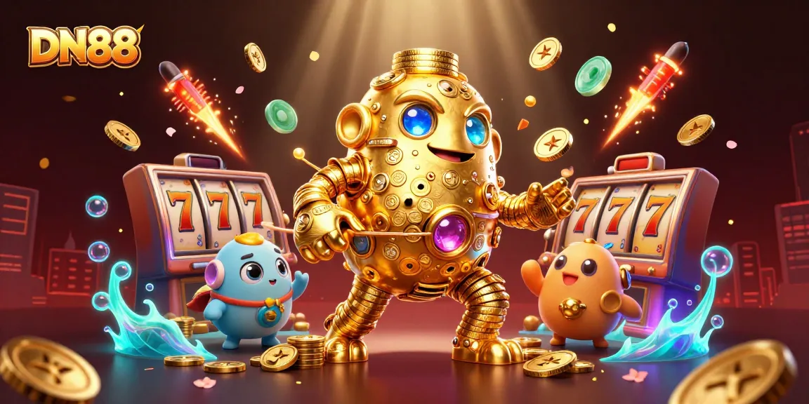 Win big with DN88's golden golem amidst vibrant slot game elements in a dazzling 3D casino scene.
