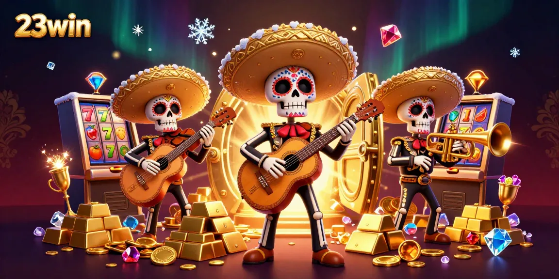 Engage with thrilling slots at 23win, where vibrant mariachi characters celebrate in a dynamic casino scene.