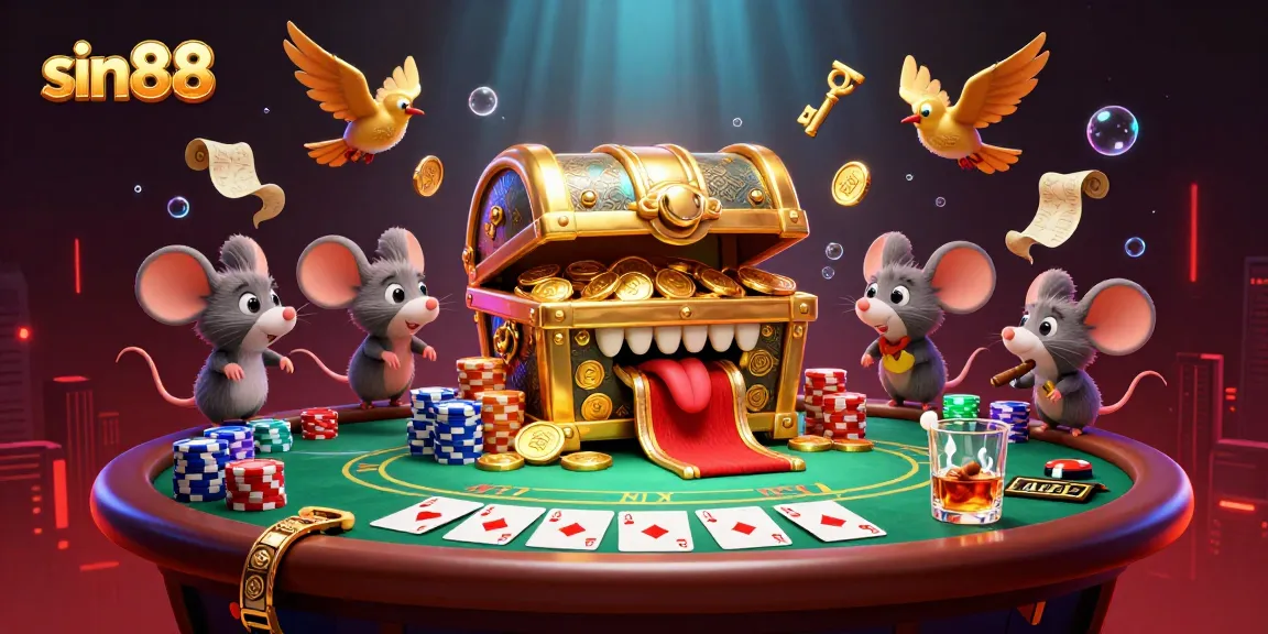 Engage with sin88's vibrant casino scene depicting adventurous mice and poker elements.