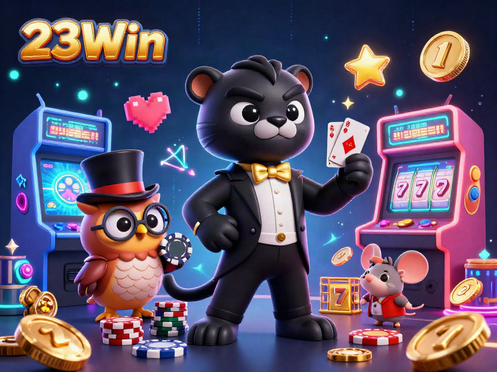 Experience the excitement of 23Win with vibrant casino-themed characters and elements.