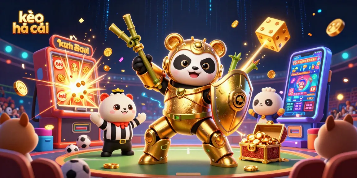 Engage in sports betting with kèo nhà cái inspired by a dynamic 3D illustration featuring a golden panda in a mech-suit.