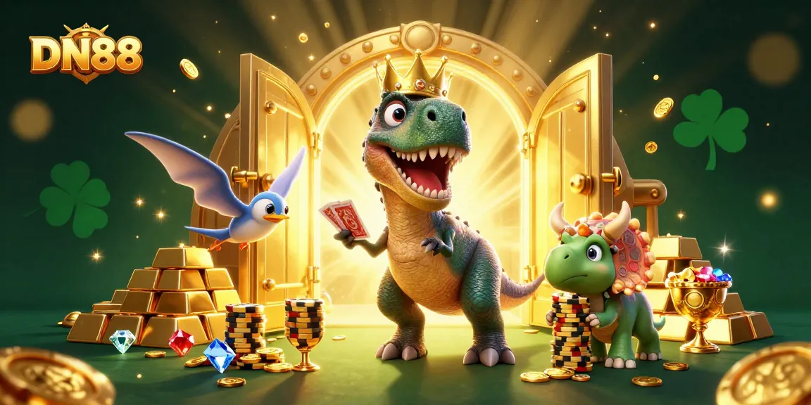 Experience thrilling gameplay at DN88 with colorful cartoon dinosaurs at a vibrant casino scene.