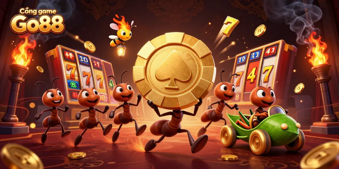 Experience the excitement of Cổng game Go88 as ants navigate a thrilling casino heist with golden elements and vibrant imagery.