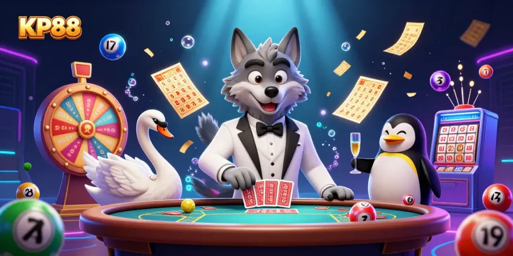 KP88 captivates with a lively casino scene featuring a wolf, swan, and penguin engaged in games.