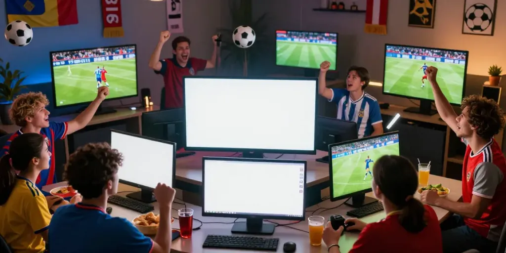 Socolive fans enjoying a live soccer match in a vibrant sports bar environment