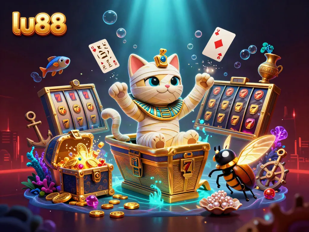 Enjoy thrilling gameplay with lu88, as an Egyptian cat mummy emerges from a golden sarcophagus amidst vibrant casino elements.
