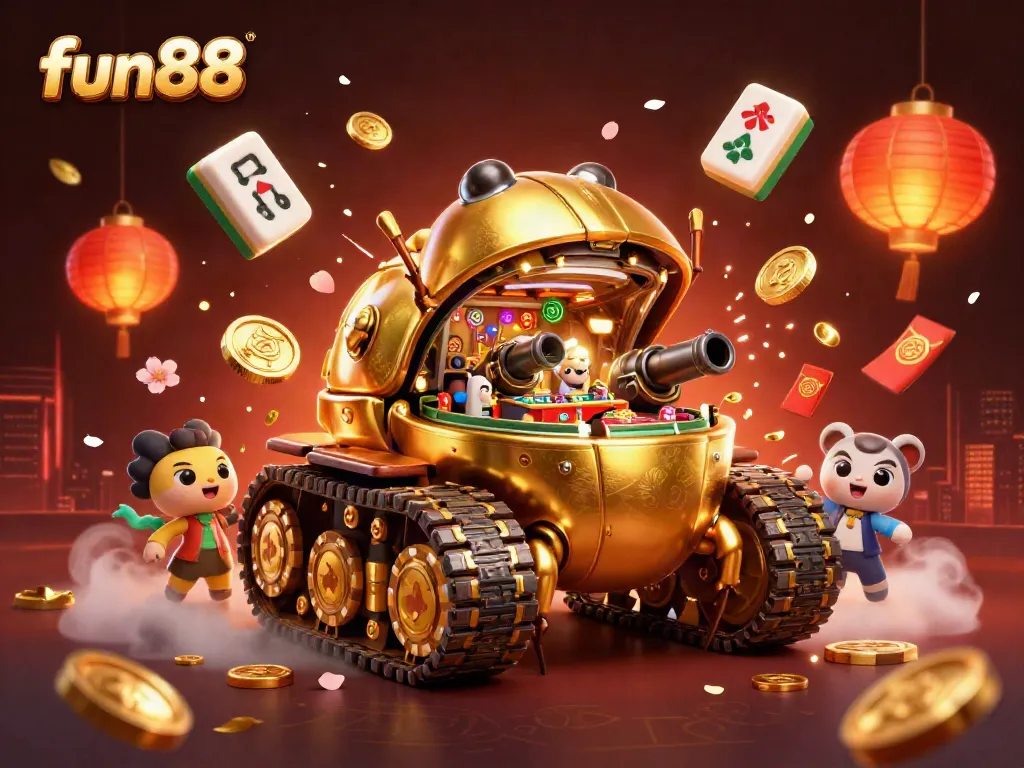 Experience fun88's vibrant casino world with a whimsical golden beetle tank bursting with excitement.